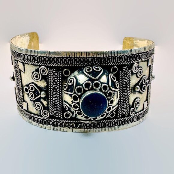 Lapis Bracelet, Afghan, Kuchi Jewelry, Silver Cuff, Vintage Cuff, Middle Eastern - Picture 5 of 5